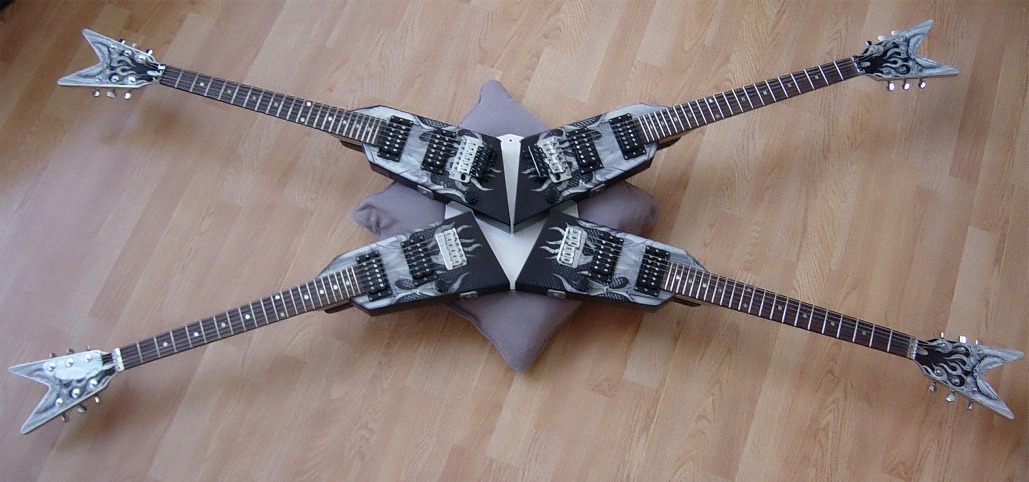 A photo showing Michael Angelo Batio's recreation of his Quad guitar, which was stolen in El Paso, Texas, in 1989.