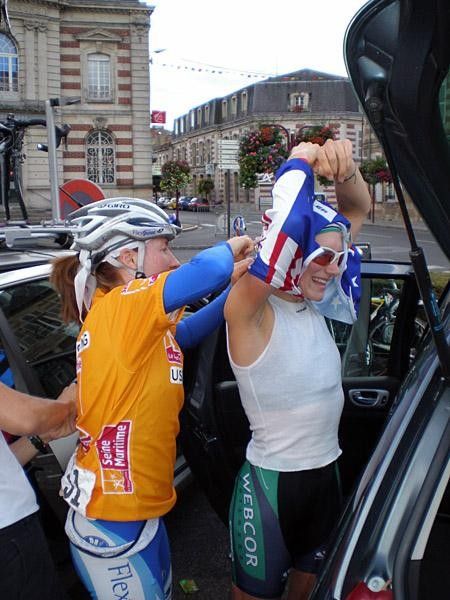 When safety pins go wrong. Amber Neben rescues Mara from entanglement.