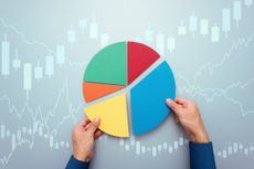 Strategy of diversified investment. Investor managing portfolio. Pie chart and candlestick charts.