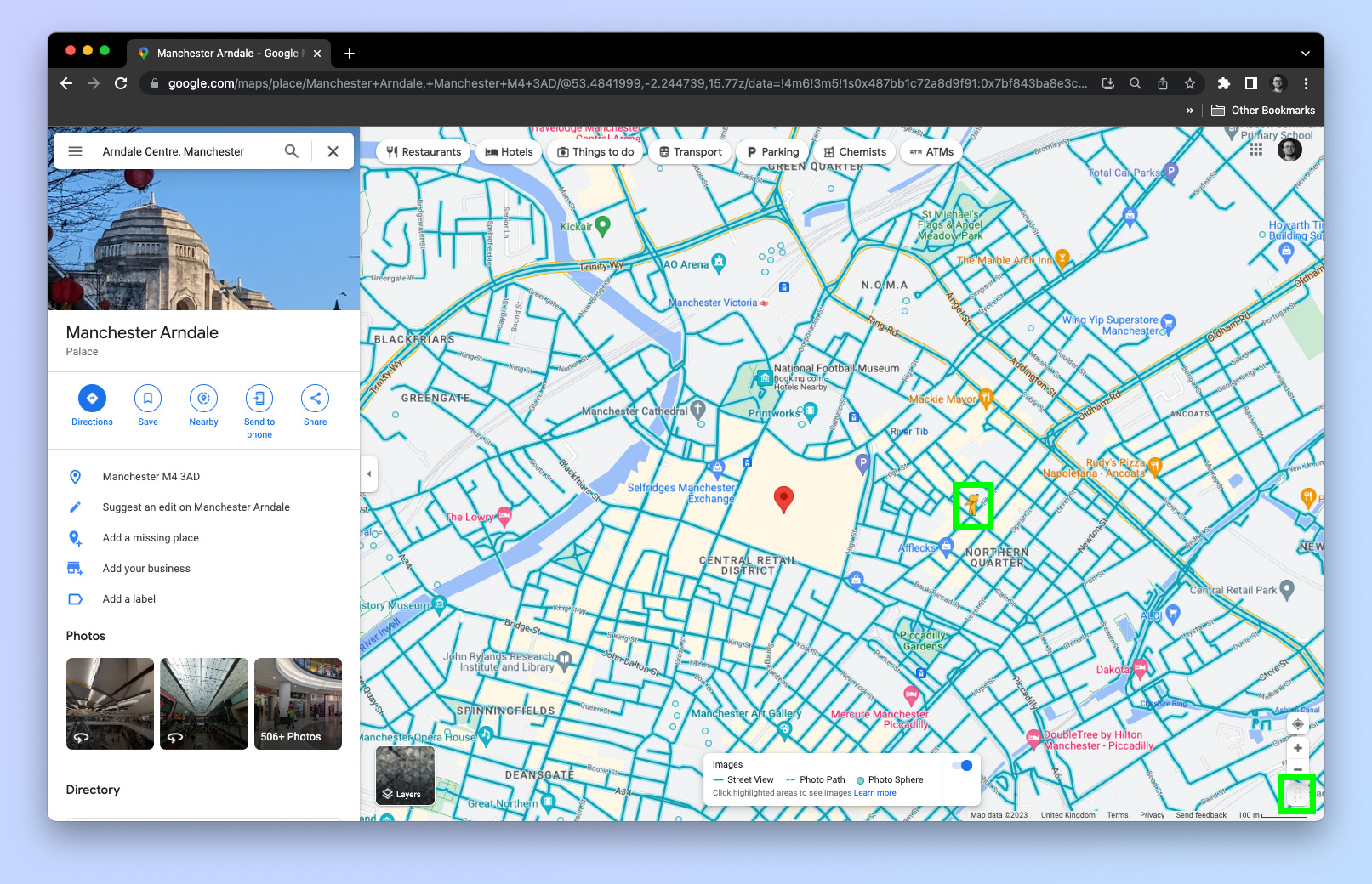 Снимок экрана, показывающий, как использовать просмотр улиц Google Maps на компьютере.