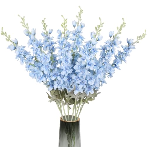 Icbox 8pcs Blue Delphinium Artificial Flowers Larkspur Fake Flowers 33.5in Long Stem Faux Silk Flowers Bulk for Tall Vase for Home Wedding Floral Arrangement Centerpiece Table Decorations (baby Blue)