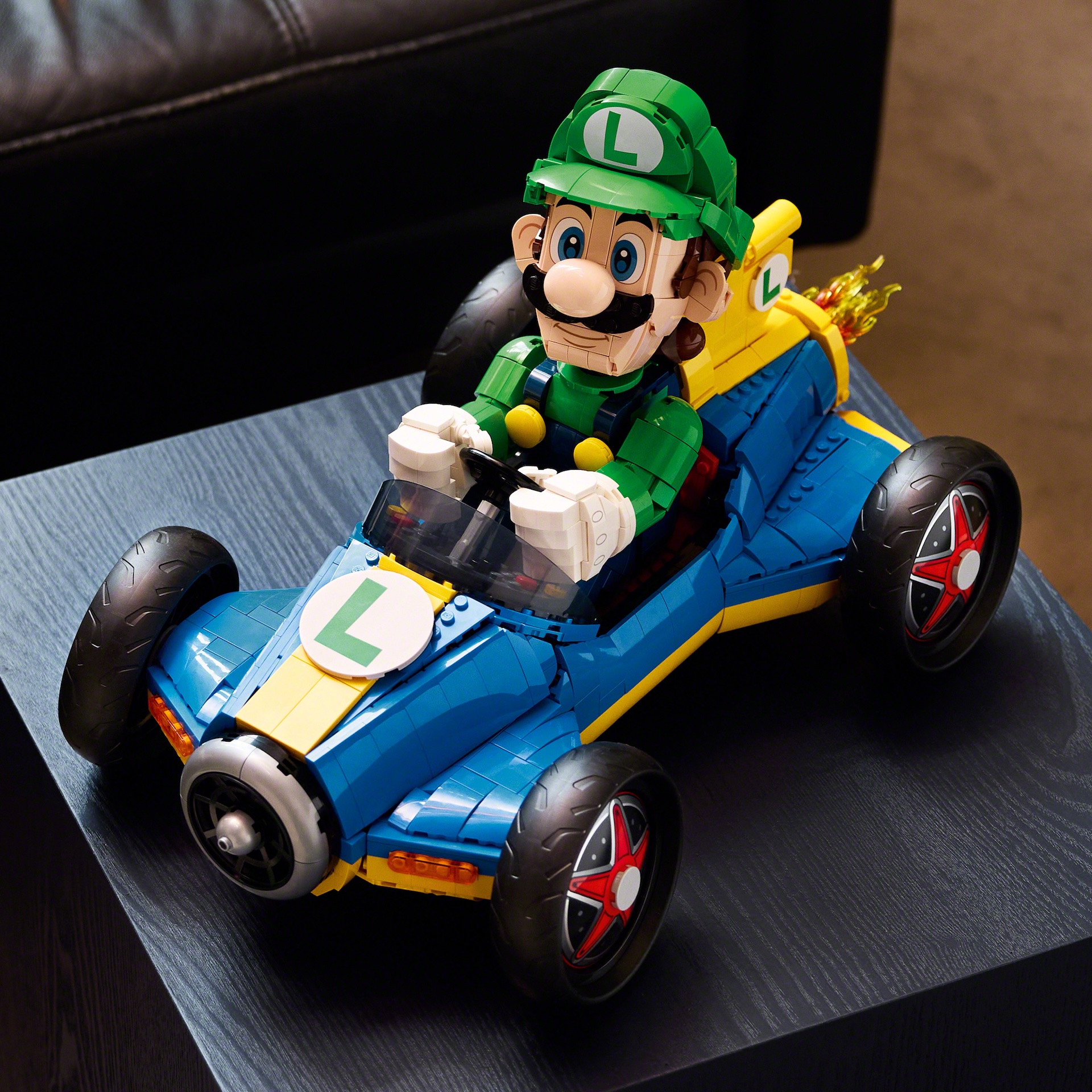 Different angles of the LEGO Luigi Mario Kart set 