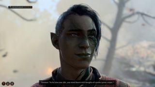 My Dark Urge character, a half-elf with a face scarred and marred with tattoos, smiles as he contemplates murder.