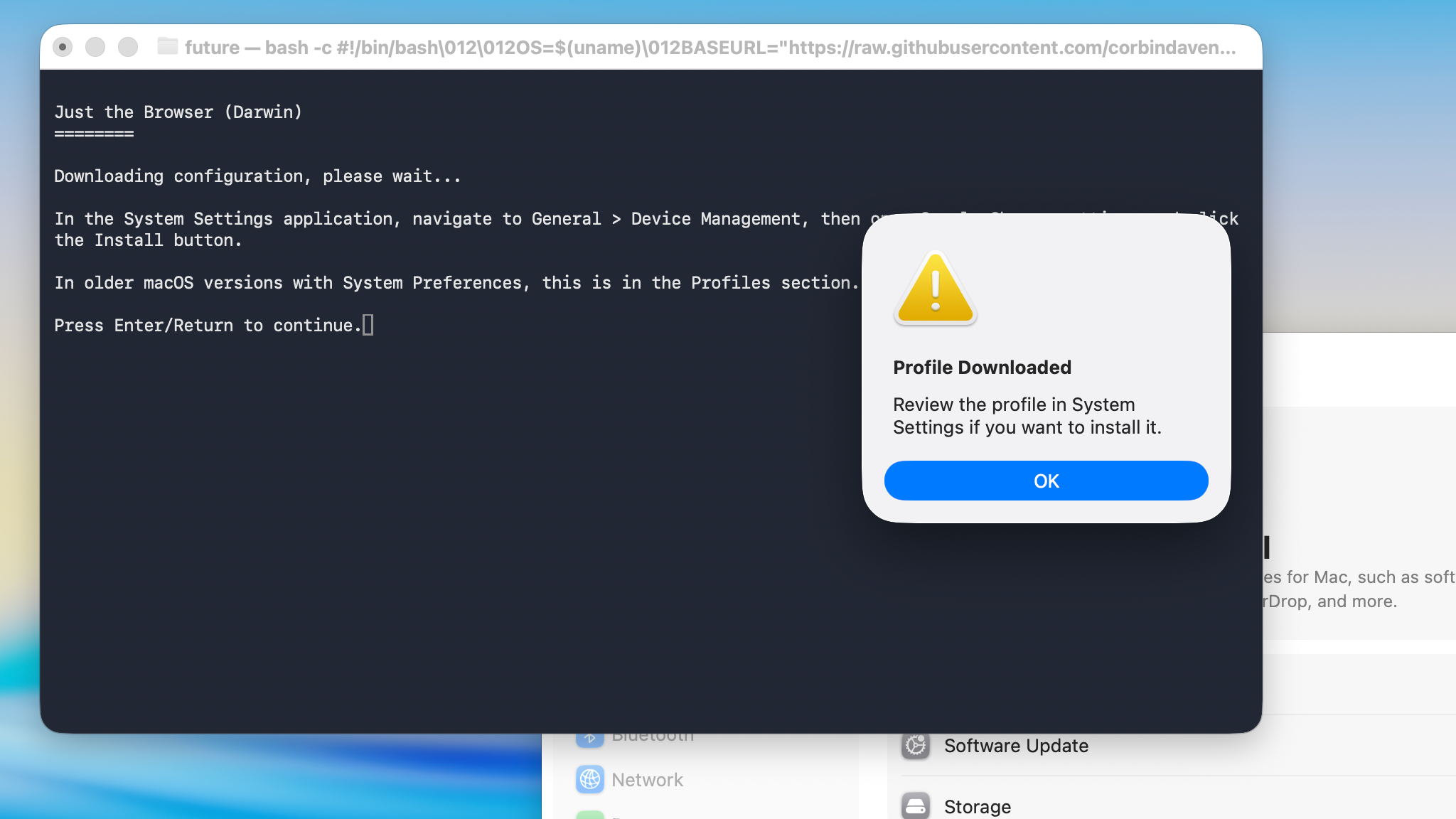 Screenshot of installing the Just The Browser script on a Mac