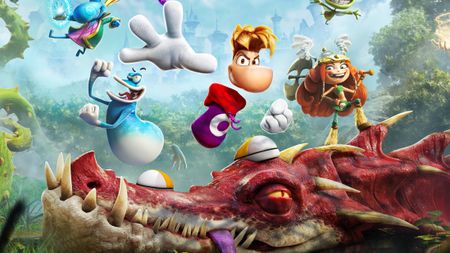 Key artwork for the game Rayman Legends Retold, showing the main character and side characters atop a dragon.