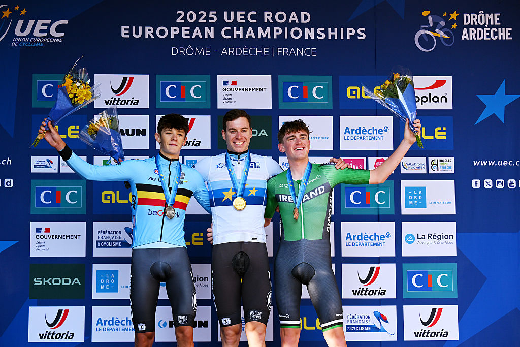 ETOILE-SUR-RHONE, FRANCE - OCTOBER 01: Gold medalist Jonathan Vervenne and Team Belgium (C), Silver medalist Matisse Van Kerckhove and Team Belgium (L) and Bronze medalist Adam Rafferty and Team Ireland (R) pose on the podium during the 31st UEC Road Cycling European Championships 2025 - Men&#039;s U23 Individual Time Trial a 24km race from Loriol-sur-Rhone to Etoile-sur-Rhone on October 01, 2025 in Etoile-sur-Rhone, France. (Photo by Billy Ceusters/Getty Images)