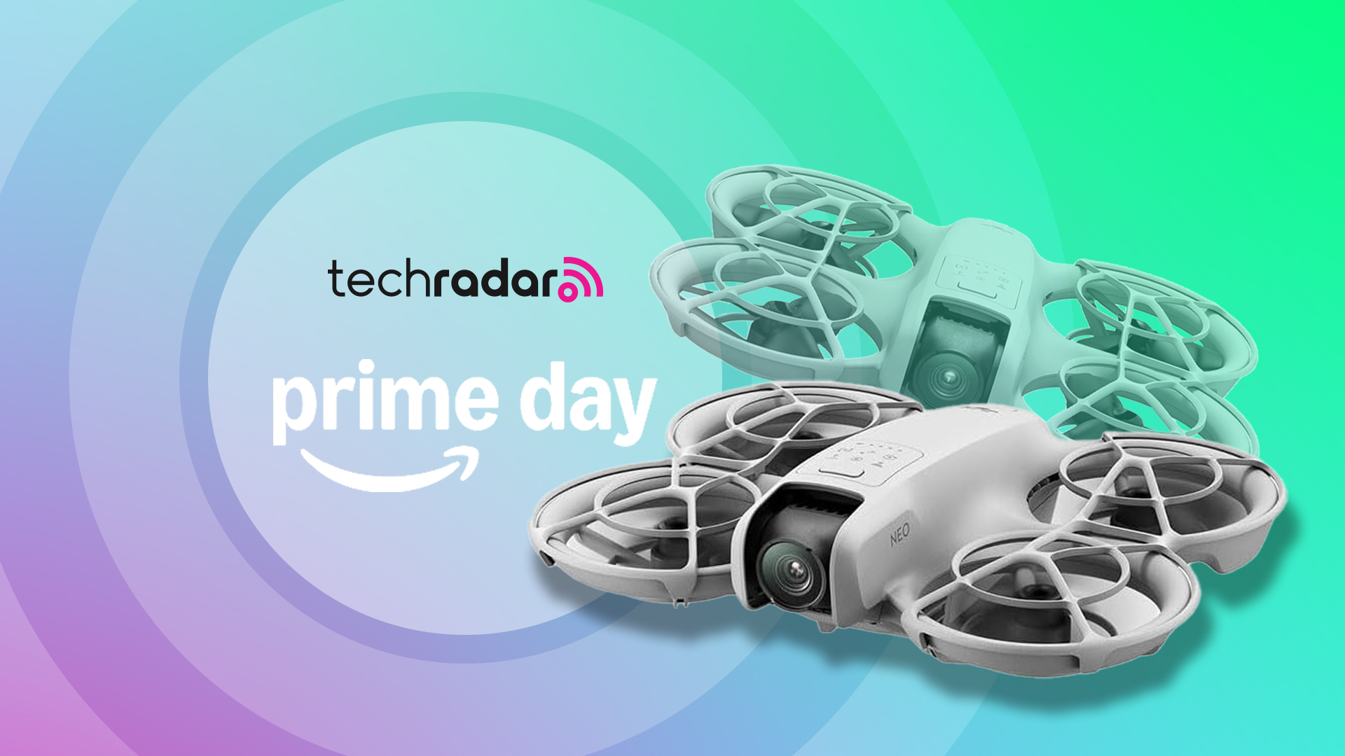 DJI Neo drone on a green and magenta background with TechRadar Prime Day text overlay