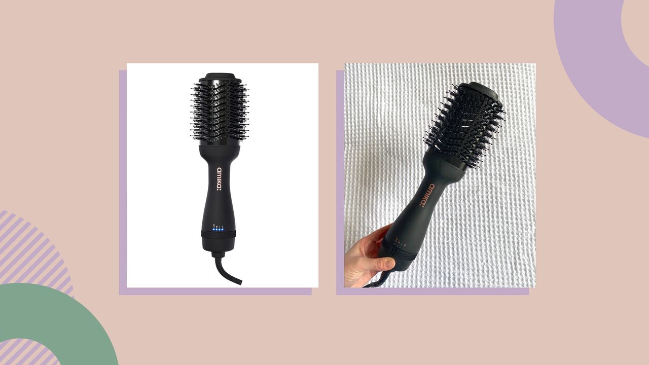 Collage of Amika Blow Dryer Brush 2.0 and shot of contributor holding the tool during the Amika Blow Dryer Brush review