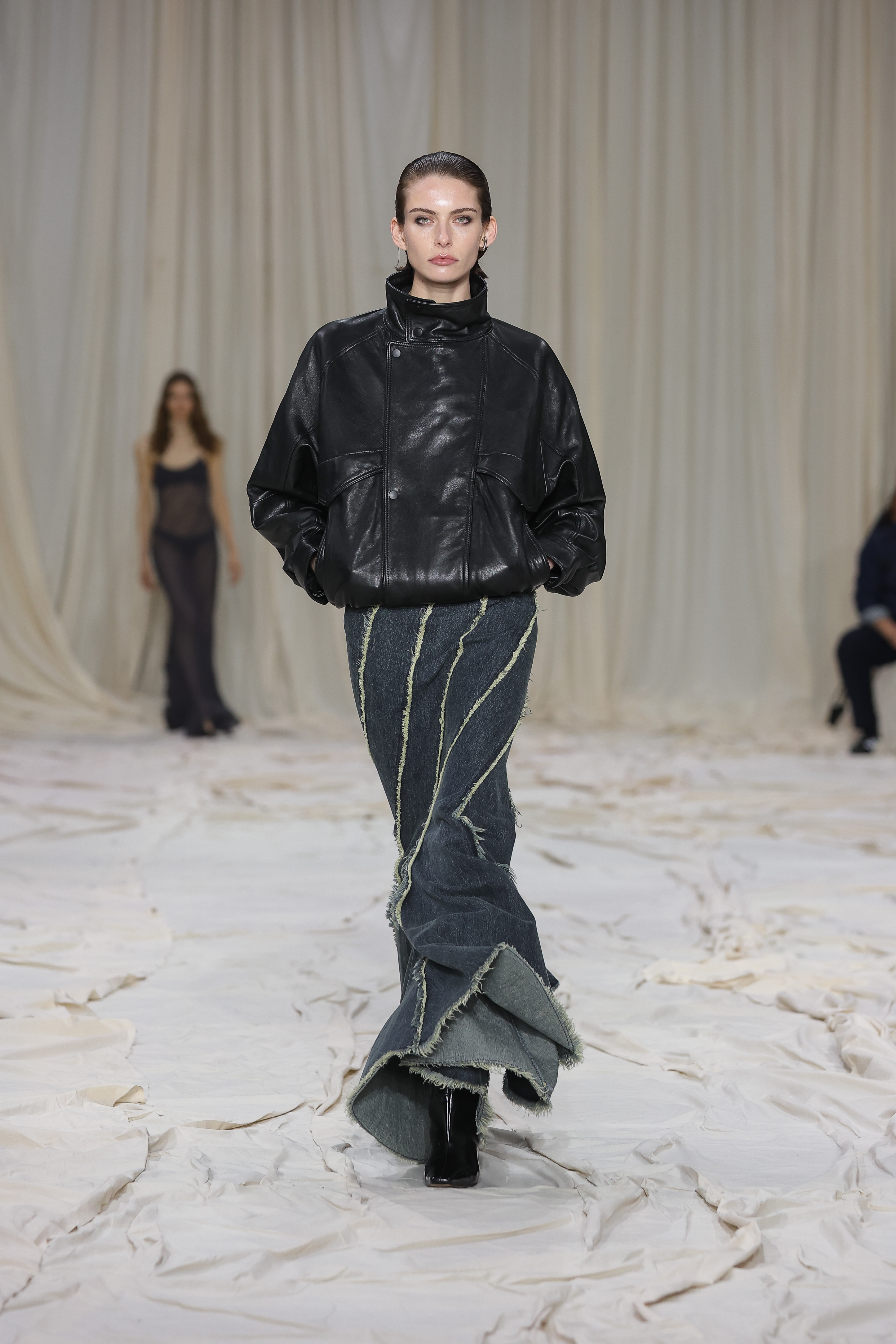 An image of maxi denim skirts, one of the biggest denim trends of 2026.