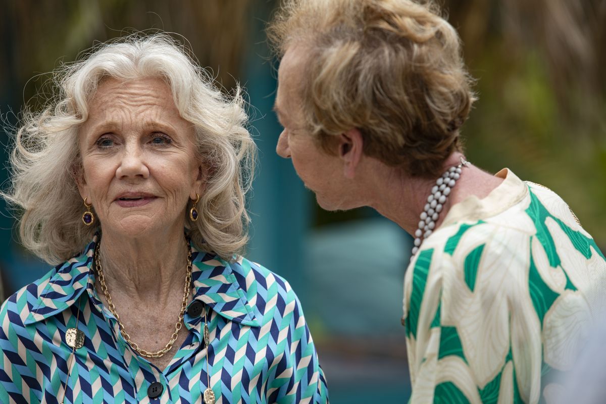 A still from Death In Paradise season 13 episode 2 showing Nancy (Hayley Mills) and Barbara (Ellie Haddington) having an argument. Nancy is looking off to the side while Barbara leans right in to Nancy&#039;s face.