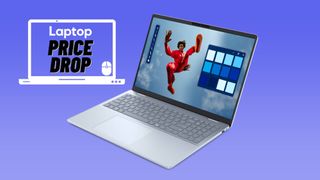 Dell 16 Plus laptop against blue gradient background.