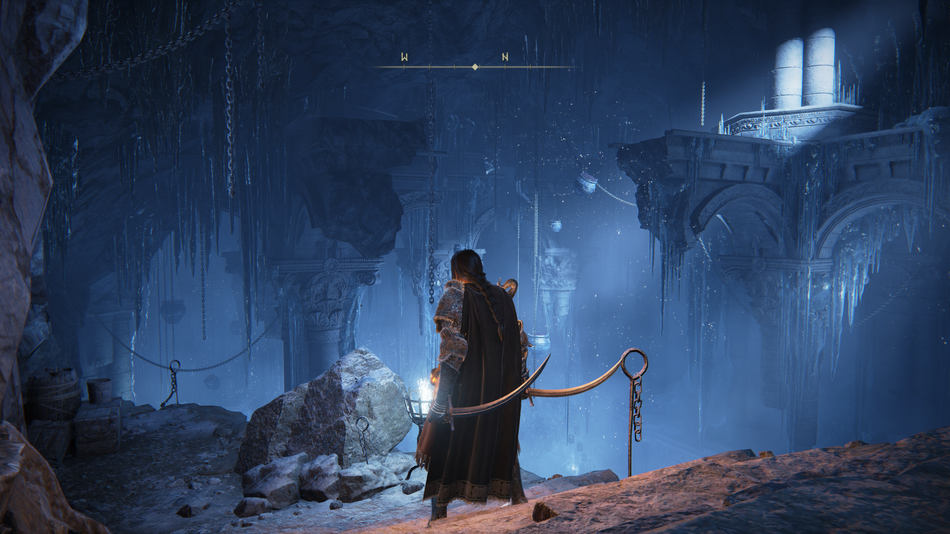 Elden Ring Shadow of the Erdtree screenshot of a character wielding two swords in a frozen cave