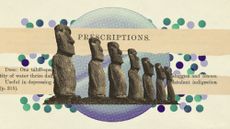 Photo collage of the Rapa Nui Moai statues, a giant pill, and medical prescriptions. In the background, there is a scattering of confetti that evoke the shape of pills.