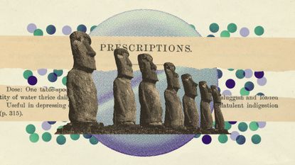 Photo collage of the Rapa Nui Moai statues, a giant pill, and medical prescriptions. In the background, there is a scattering of confetti that evoke the shape of pills.