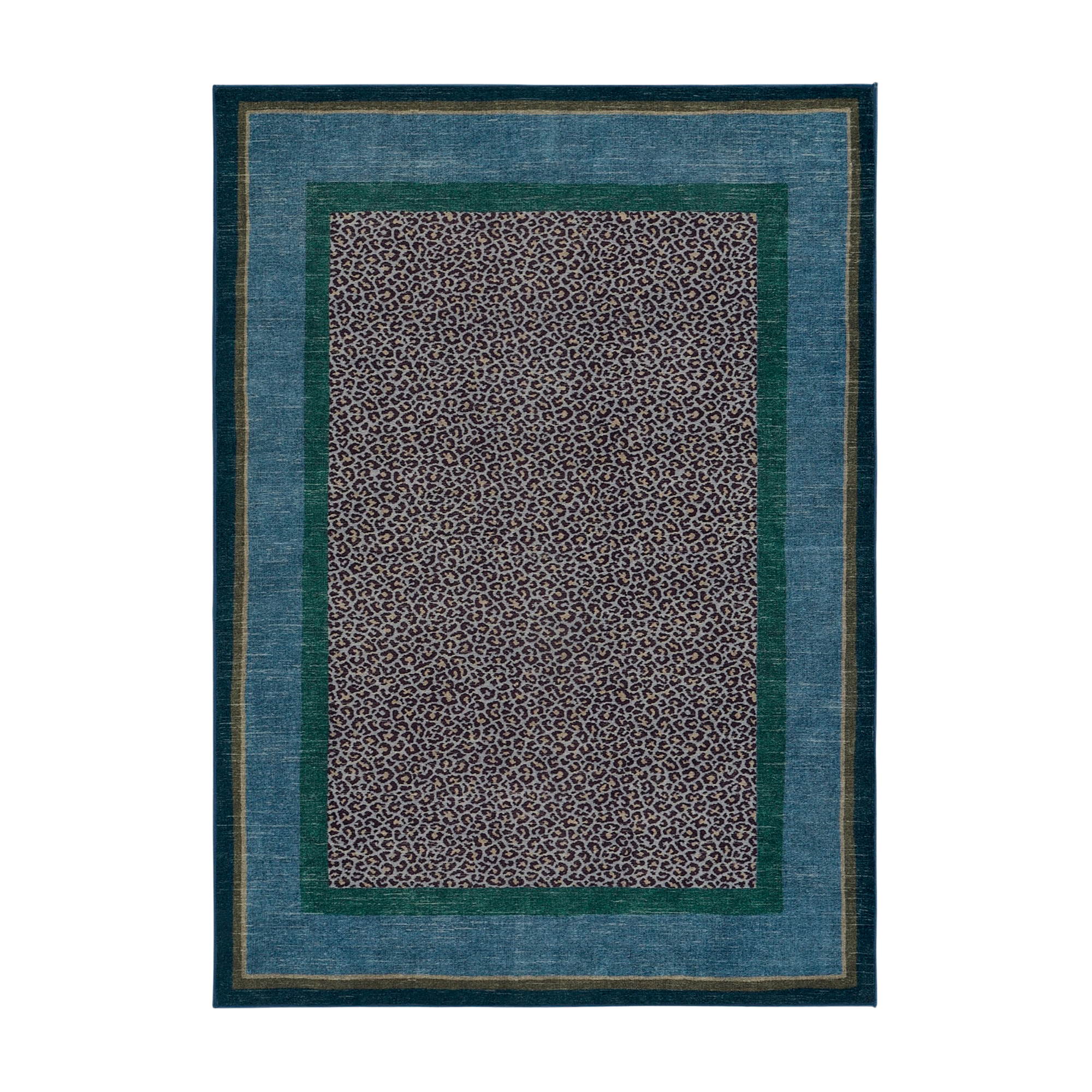 an animal print rug with a blue border