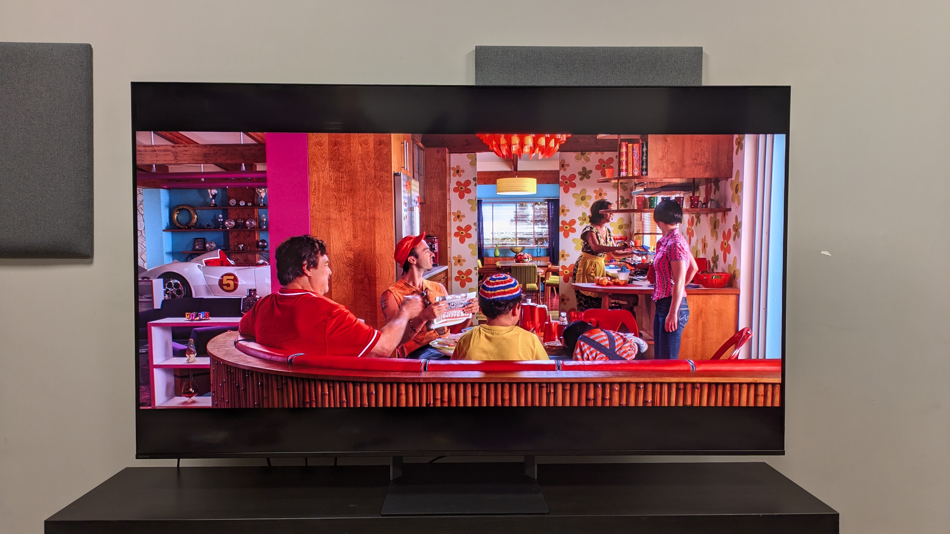 Sony Bravia 7 II with a shot of the Racer family kitchen from Speed Racer on screen. Colors are rich, detailed and vibrant