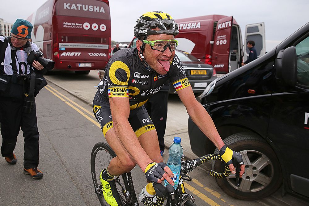 Thomas Voeckler celebrates after winning the final stage at Tour de Yorkshire