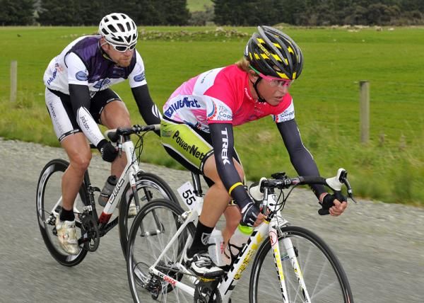 Josh Atkins (PowerNet) is in the second group after the climb