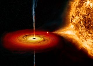This artist's illustration shows a black hole pulling material away from a closely orbiting companion star.