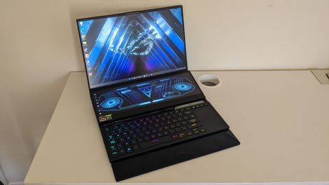 Asus ROG Zephyrus Duo 16 laptop with both screens turned on