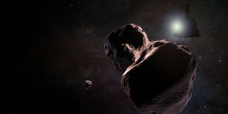 An artist's impression of the MU69 fly-by, made after the stellar occultations that suggested MU69 is an odd shape, possibly a contact binary, with a moon.