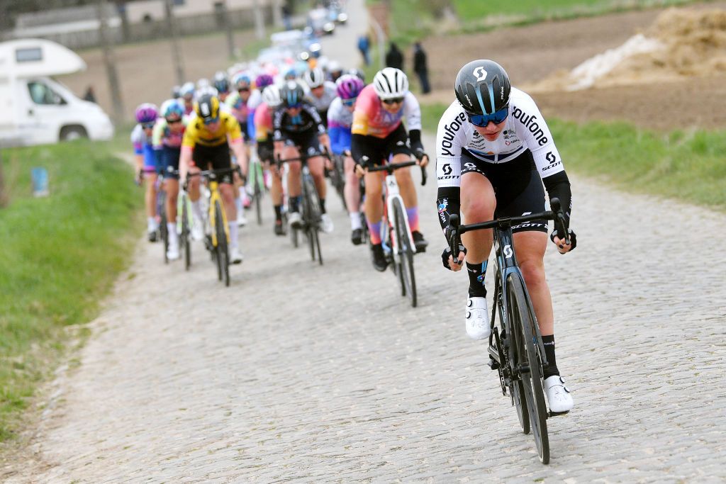 WAREGEM BELGIUM MARCH 30 Pfeiffer Georgi of United Kingdom and Team DSM attacks during the 10th Dwars door Vlaanderen 2022 Womens Elite a 120km one day race from Waregem to Waregem DDV22 DDVwomen on March 30 2022 in Waregem Belgium Photo by Luc ClaessenGetty Images
