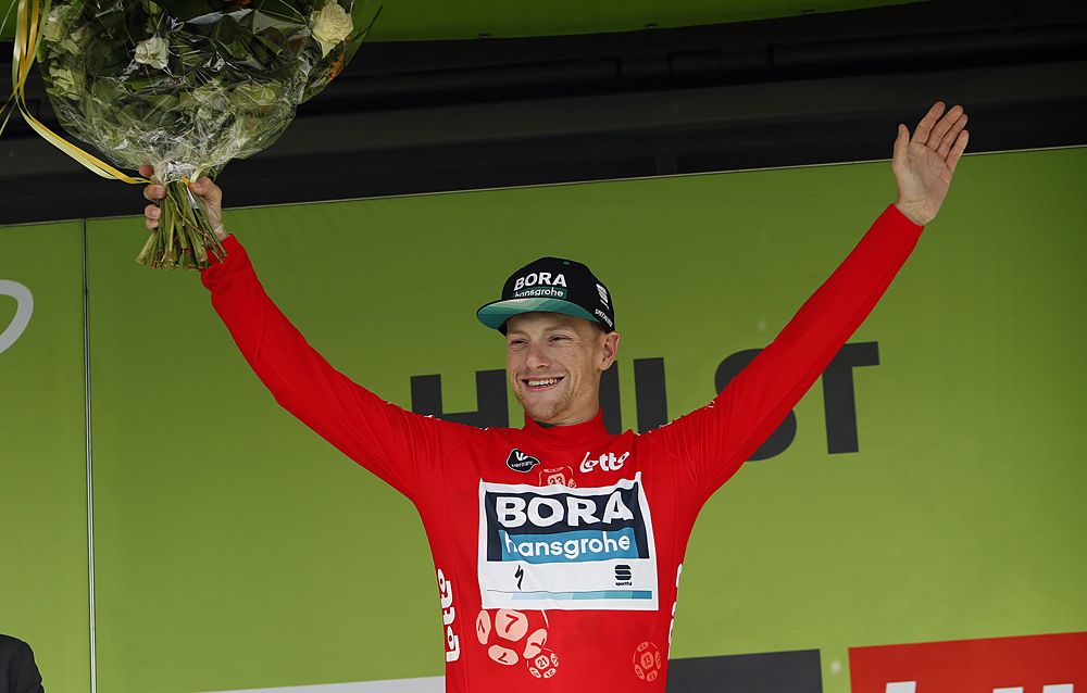 Sam Bennett (Bora-Hansgrohe) wins the first stage of BinckBank Tour and wears the red points jersey