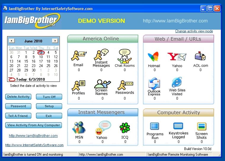 IamBigBrother Image:
The software's user interface steps the parent through the process of viewing of captured data. The application's management options include enabling the remote service, telling a friend, resetting the password and more.