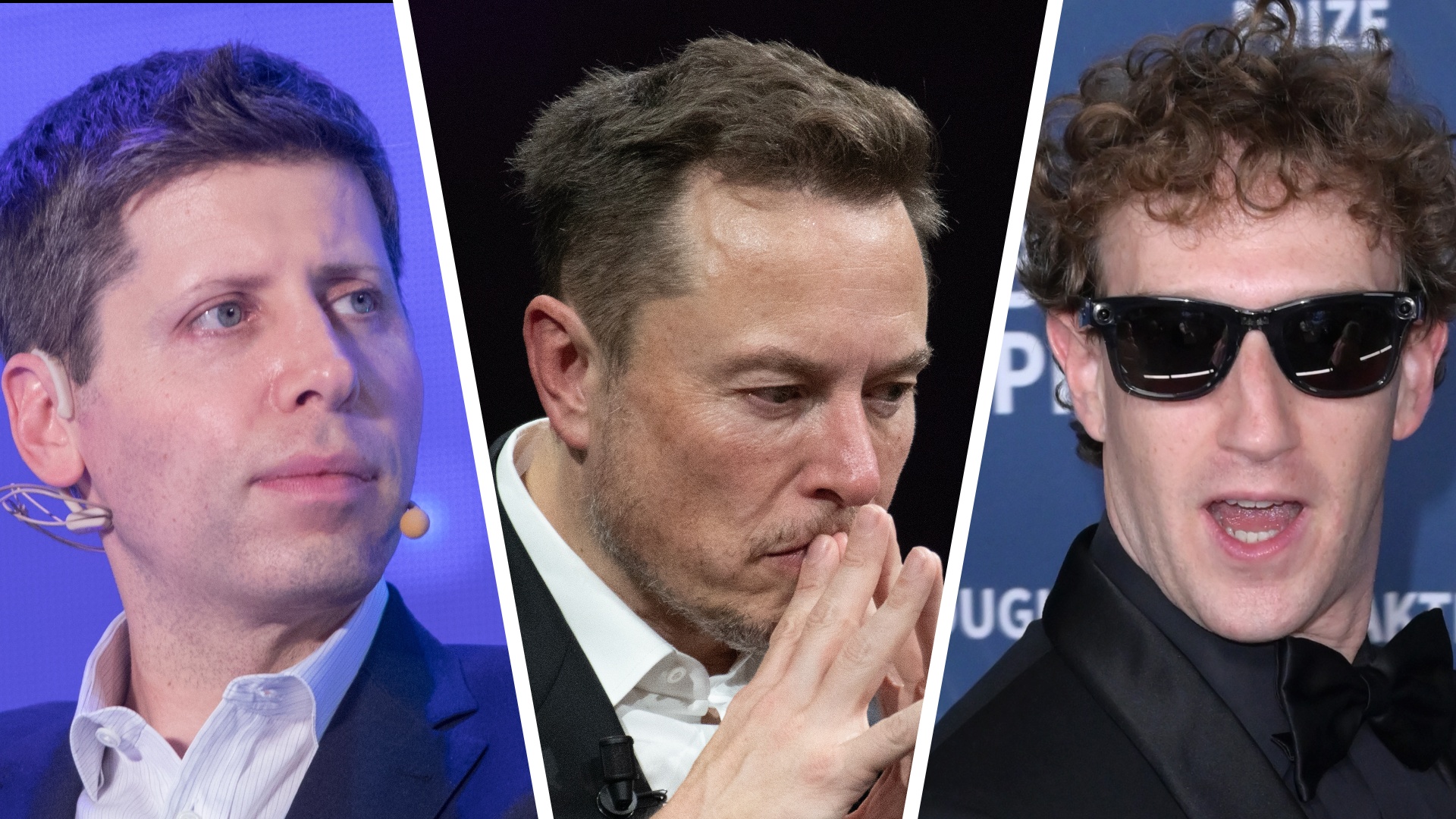 Split image showing Sam Altman, Elon Musk and Mark Zuckerberg