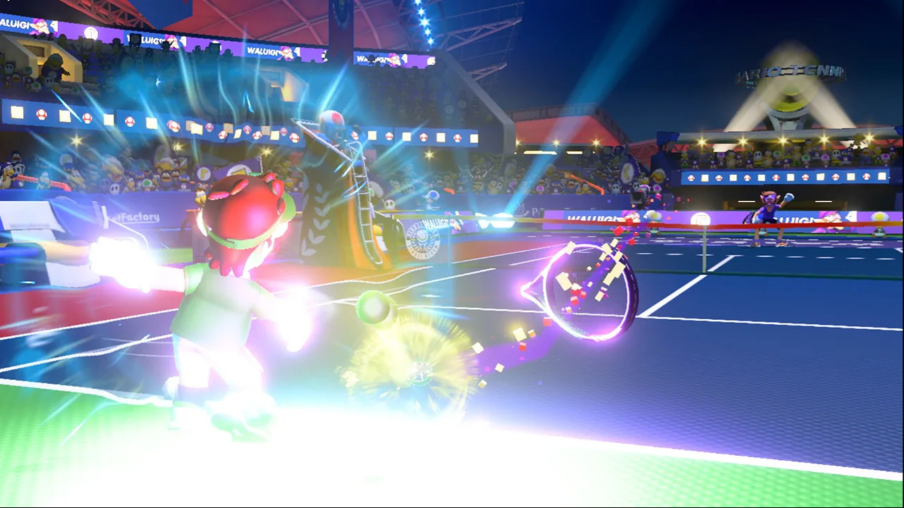 Mario smashes the ball in Mario Tennis Aces, one of the best Nintendo Switch Multiplayer Games in 2021