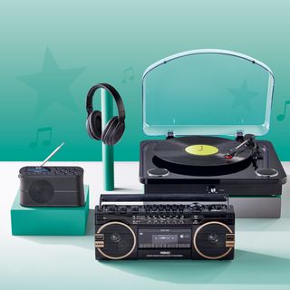 aldi retro turntable and boombox dab radio black wireless headphone