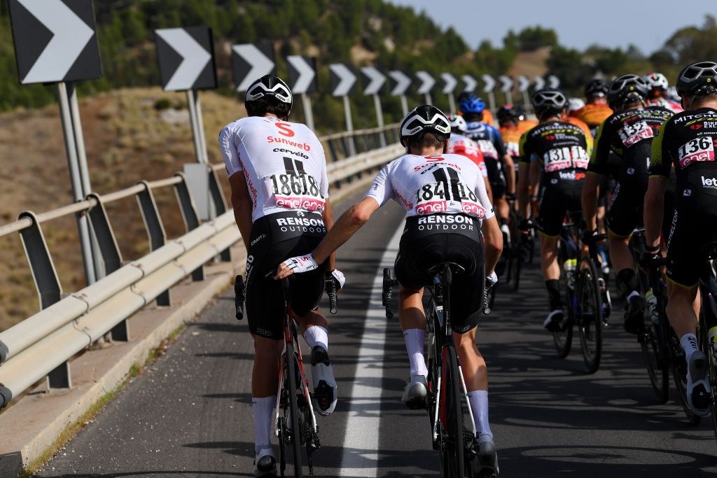 AGRIGENTO ITALY OCTOBER 04 Michael Matthews of Australia and Team Sunweb Chris Hamilton of Australia and Team Sunweb Sanitary Stop during the 103rd Giro dItalia 2020 Stage 2 a 149km stage from Alcamo to Agrigento 243m girodiitalia Giro on October 04 2020 in Agrigento Italy Photo by Tim de WaeleGetty Images