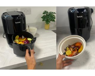 Before and after of cooking mediterranean vegetables in a T-fal air fryer