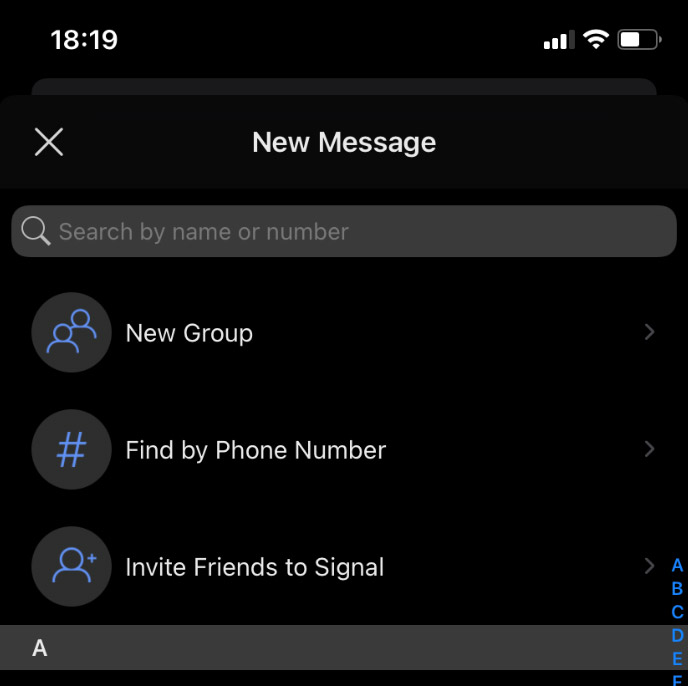A screenshot of the search function in the Signal contacts list.