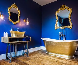 blue and gold bathroom