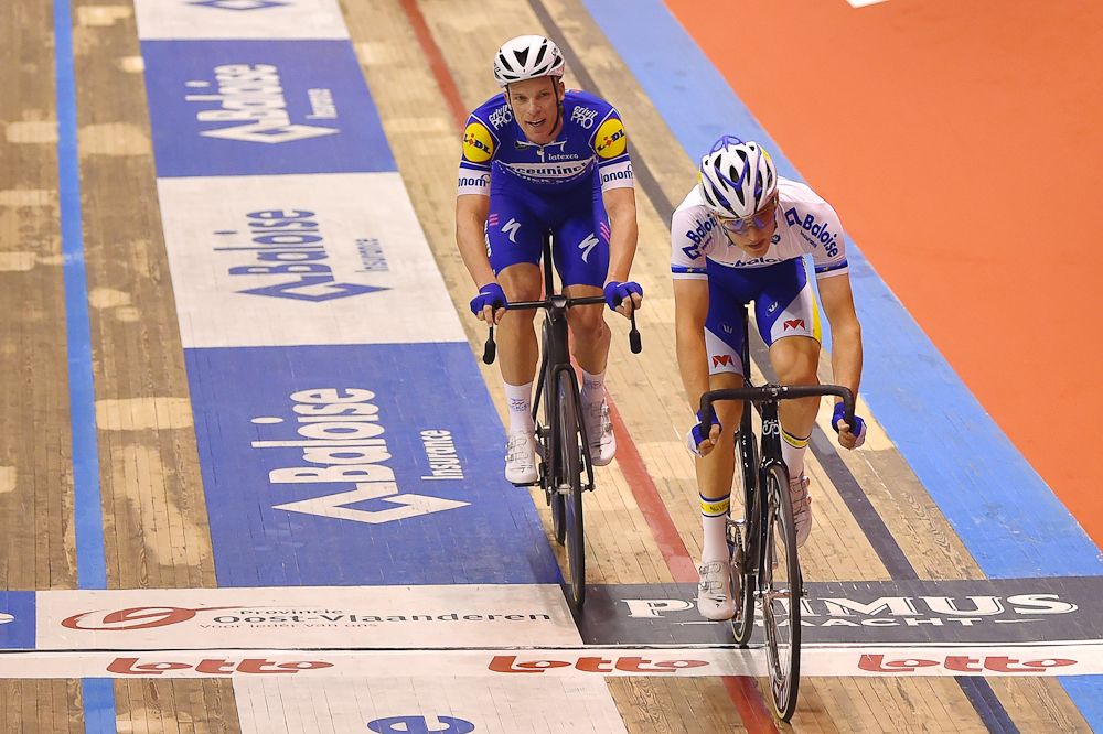Iljo Keisse (Quick-Step Floors) and Robby Ghys (Baloise) compete in the final Madison of the Gent Six Day