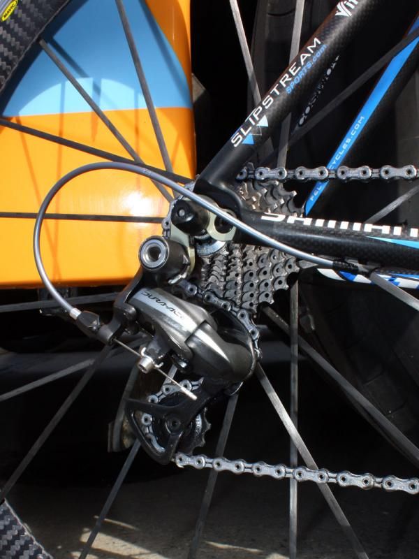 Garmin-Transitions rider Tyler Farrar is using a full Shimano Dura-Ace drivetrain.