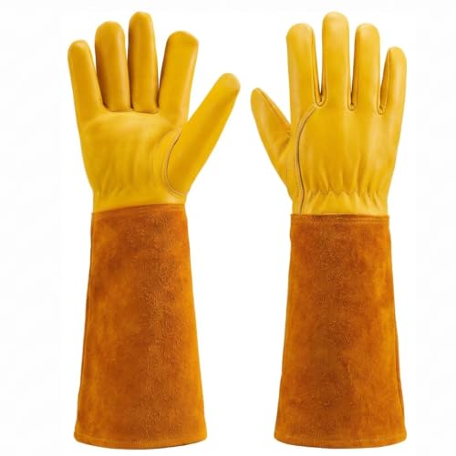 Craft911 Thorn Proof Gardening Gloves for Women &amp;amp; Men, Long Rose Pruning Gloves With Cowhide Leather Gauntlet &amp;amp; Forearm Protection - Yellow (l)