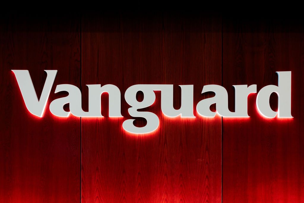 Vanguard signage backlit by red lights outside the company&#039;s campus in Paoli, Pennsylvania