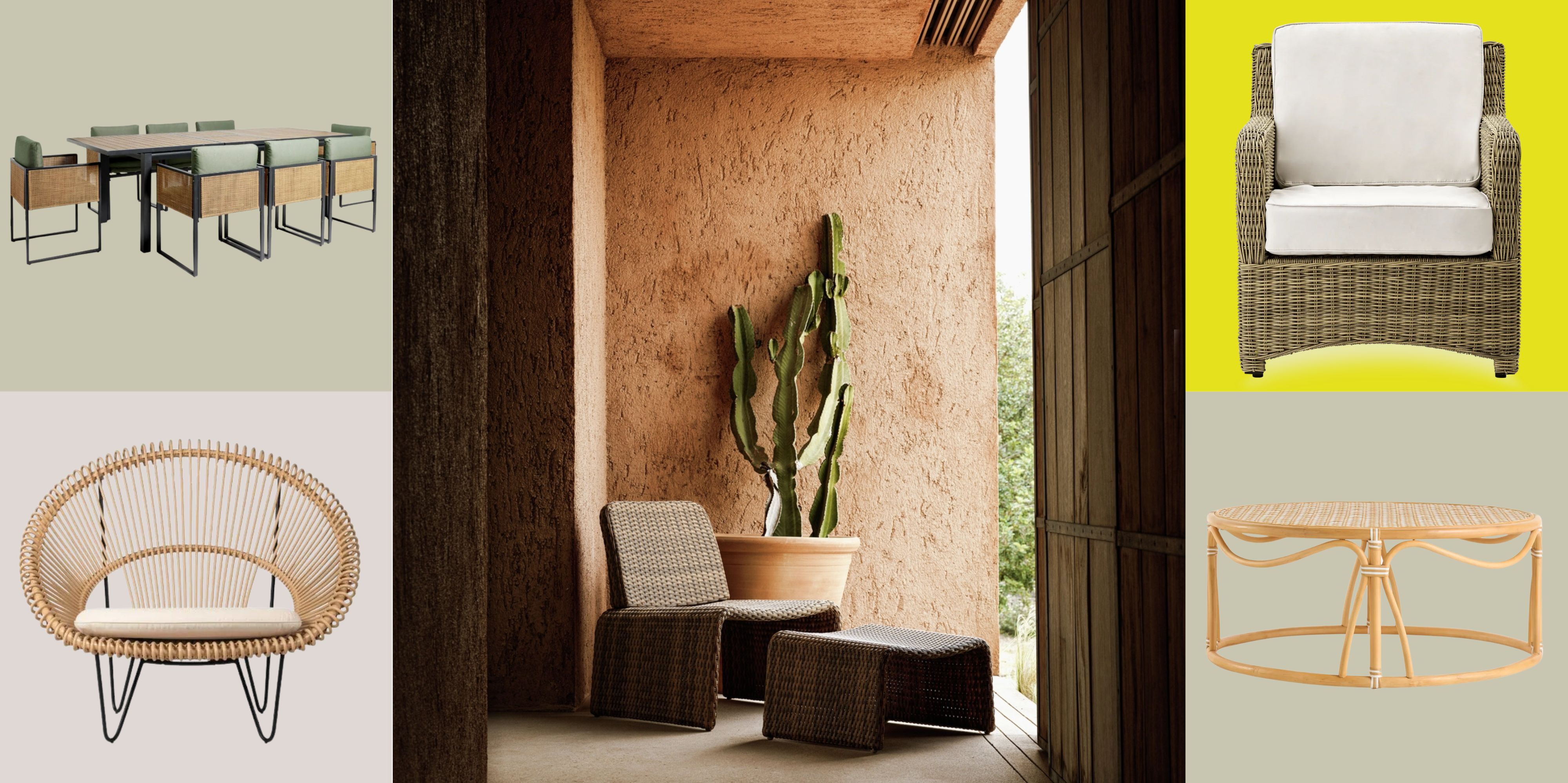 Rattan garden furniture pictured aginst a colorful checkered background