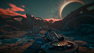 Promotional screenshot of the player exploring an alien world in The Outer Worlds 2.