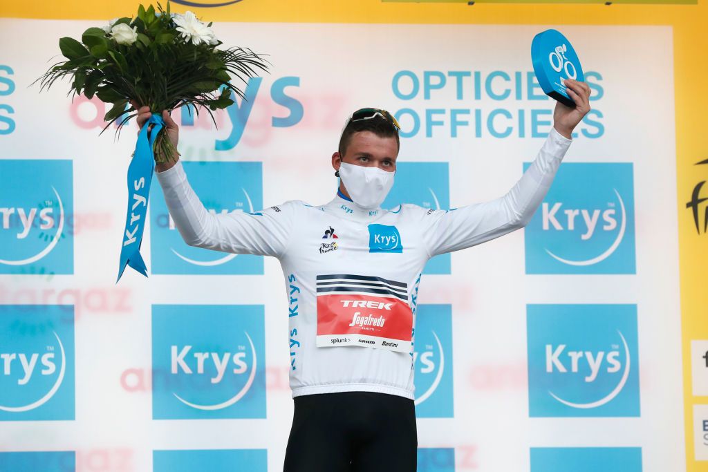 NICE FRANCE AUGUST 29 Podium Mads Pedersen of Denmark and Team Trek Segafredo White Best Young Rider Jersey during the 107th Tour de France 2020 Stage 1 a 156km stage from Nice Moyen Pays to Nice TDF2020 LeTour on August 29 2020 in Nice France Photo by AnneChristine Poujoulat PoolGetty Images