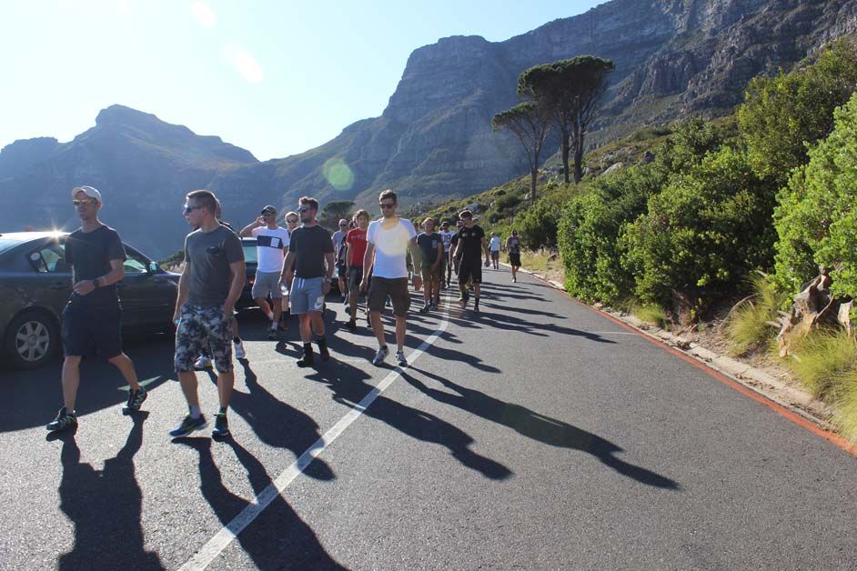 The team make their first steps and set off uphill