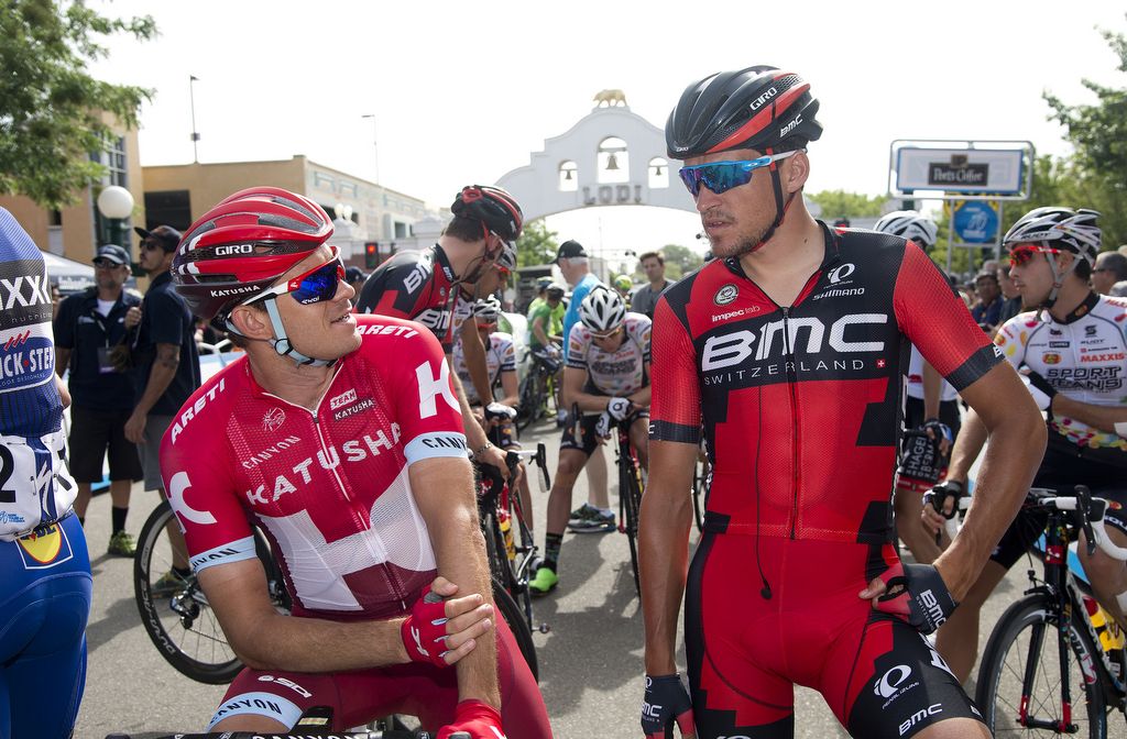Two men of the classics in California, Alexander Kristoff (Katusha) and Greg Van Avermaet (BMC)