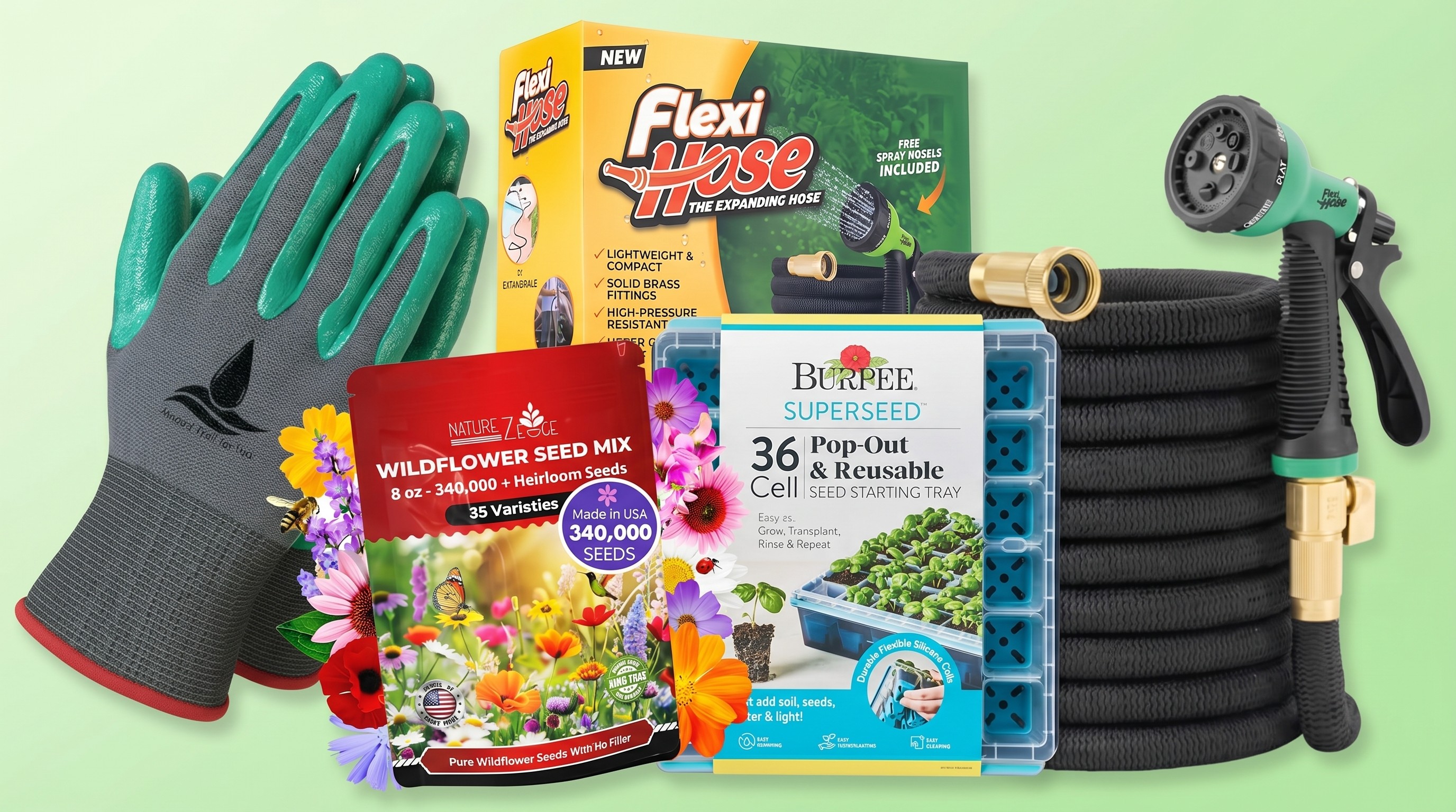 Gardening gloves, seeds, hose and seed starter trays on a green background