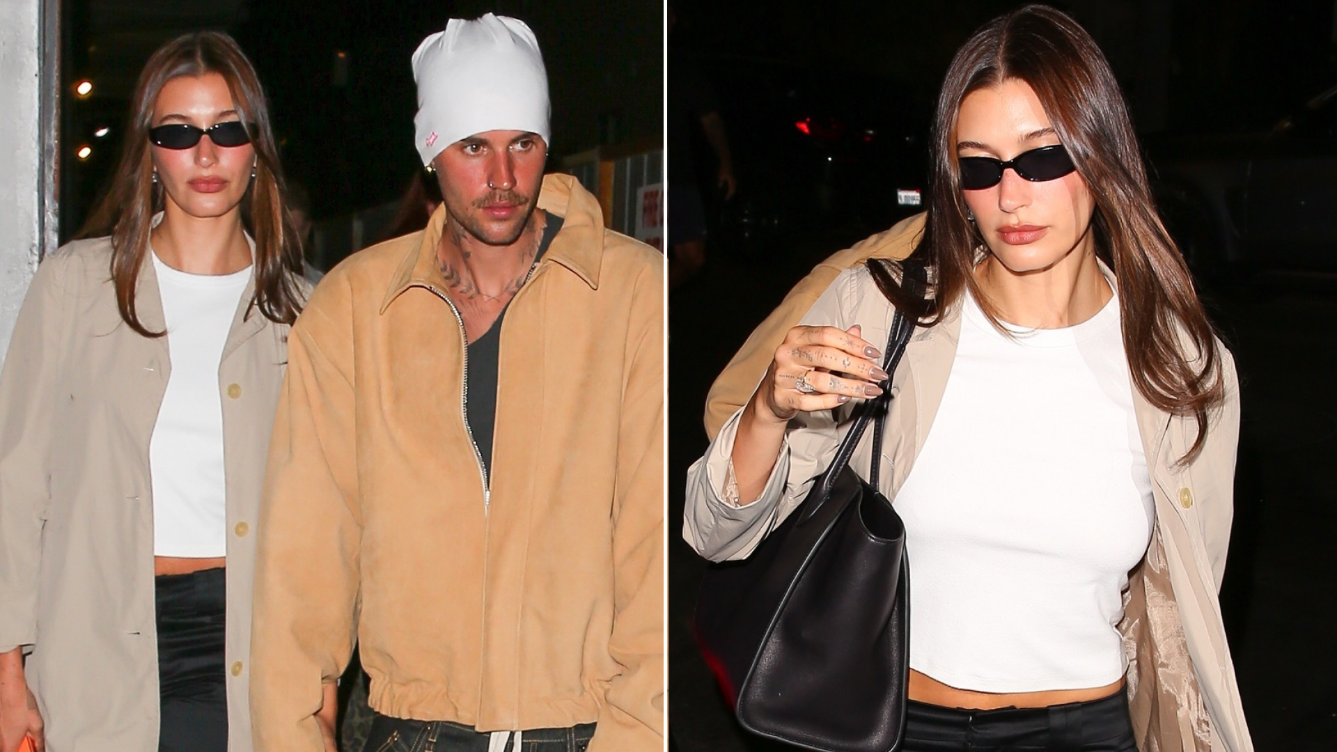 Hailey Bieber styled a white T-shirt with a khaki cropped trench coat, black trousers, and a '90s heels trend