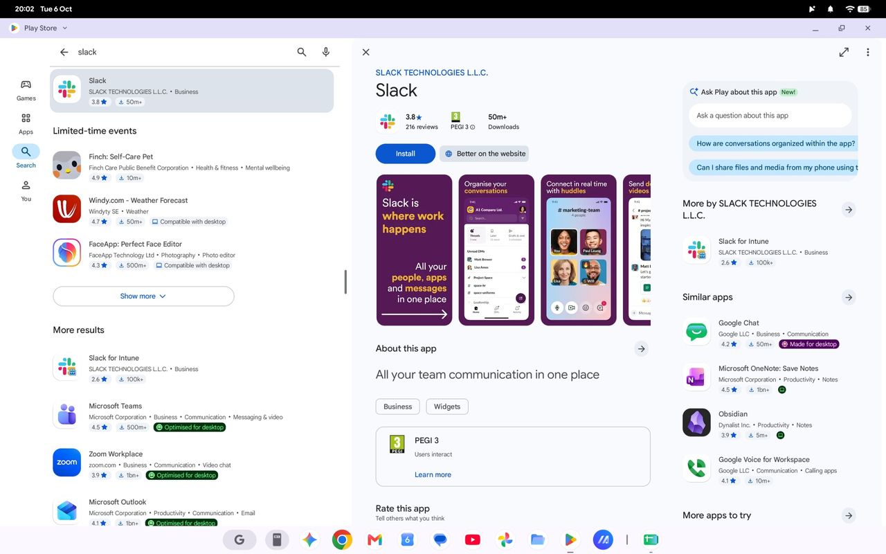Slack in the Google Play Store on an ASUS Googlebook 14