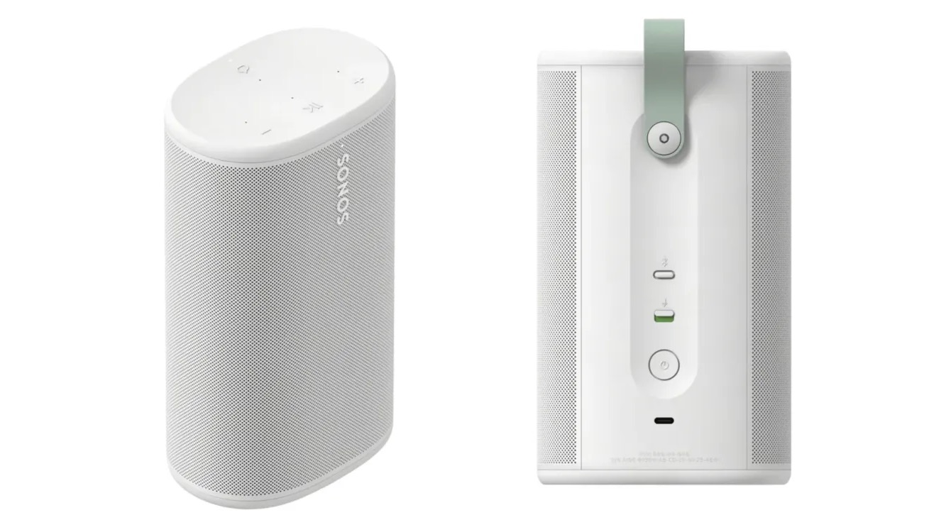 A leaked image of a white portable Sonos speaker seen from a 3/4 angle and from behind.