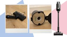 Two pictures of the Halo Capsule XR Vacuum being texted on hard floors next to a full cutout of the vacuum