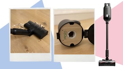 Two pictures of the Halo Capsule XR Vacuum being texted on hard floors next to a full cutout of the vacuum